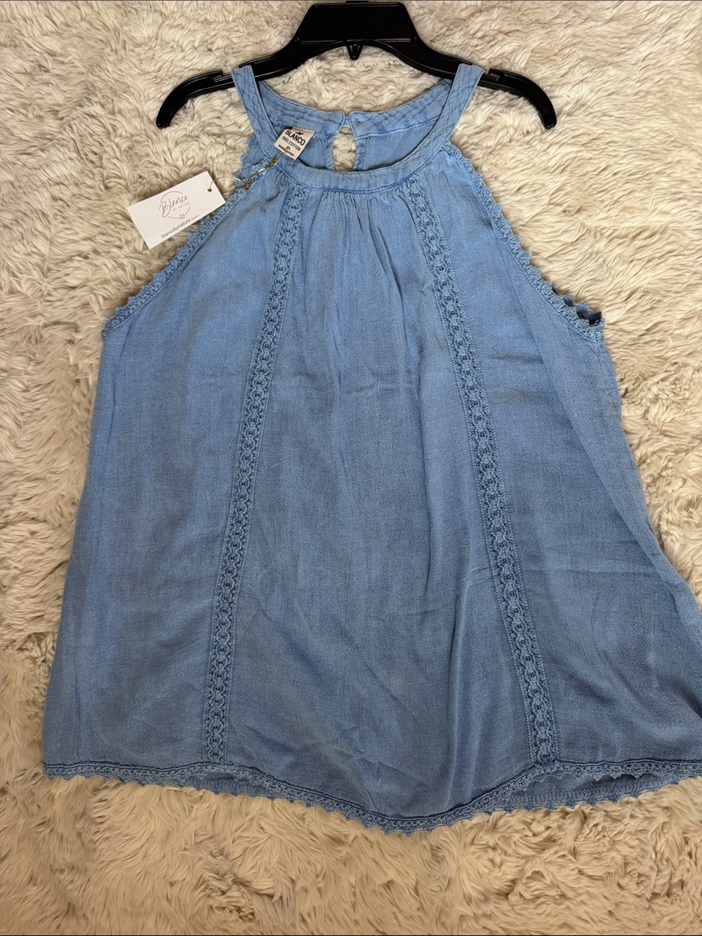 Blue Crochet-Trim Halter Tank Top Cotton from Peru XL